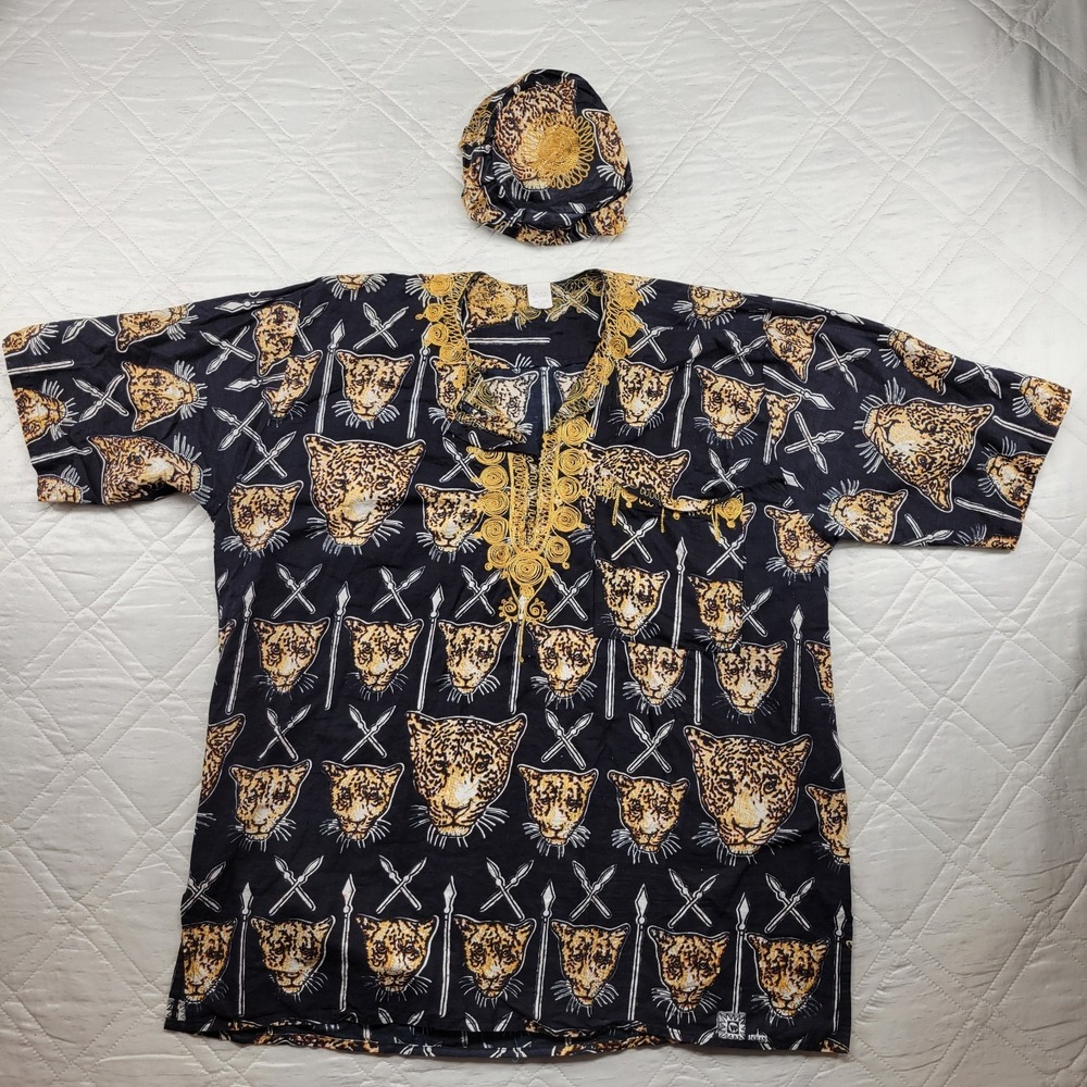 Black and Gold Isi Agu traditional shirt w/ leopard pattern size 3XL